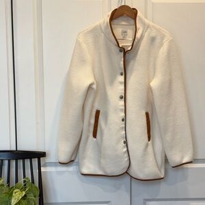 Like New J. Crew White Teddy Fleece Jacket with Rust Accents and Gold Buttons